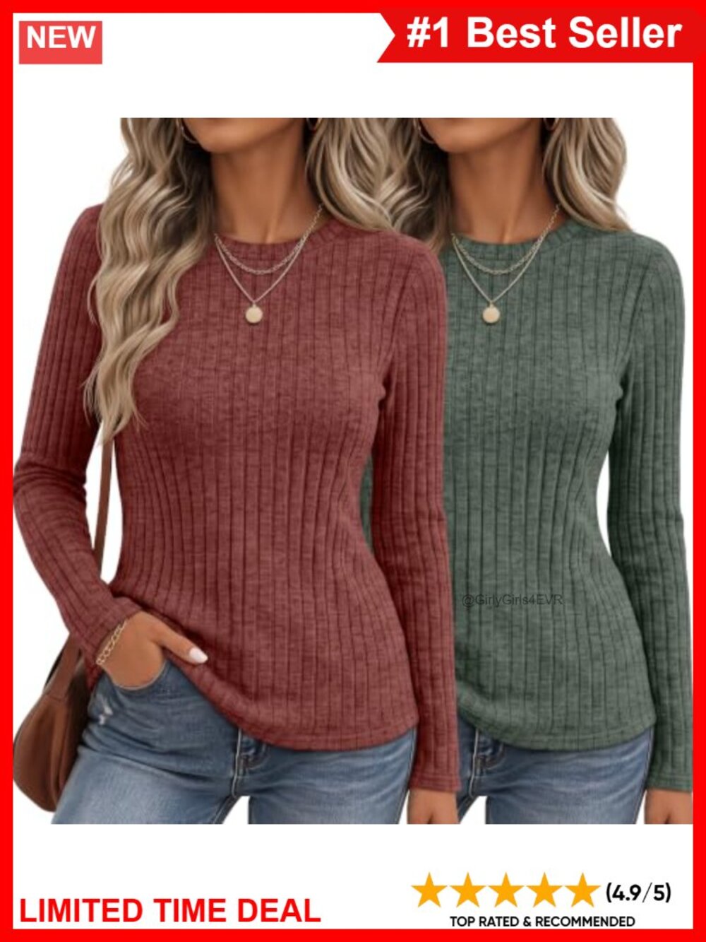 2 Pack Women's Long Sleeve Sweaters Slim Fit Pullover Tunic Tops